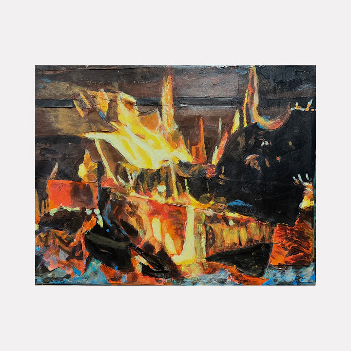 The artwork "Winter Warmth" features an abstract depiction of a vibrant fire with intense yellow, orange, and red flames surrounded by dark and textured shapes that evoke warmth and energy. The style recalls the expressive brushwork of artists like J.M.W. Turner and the vivid color contrasts of Vincent van Gogh. By Robert Dec.