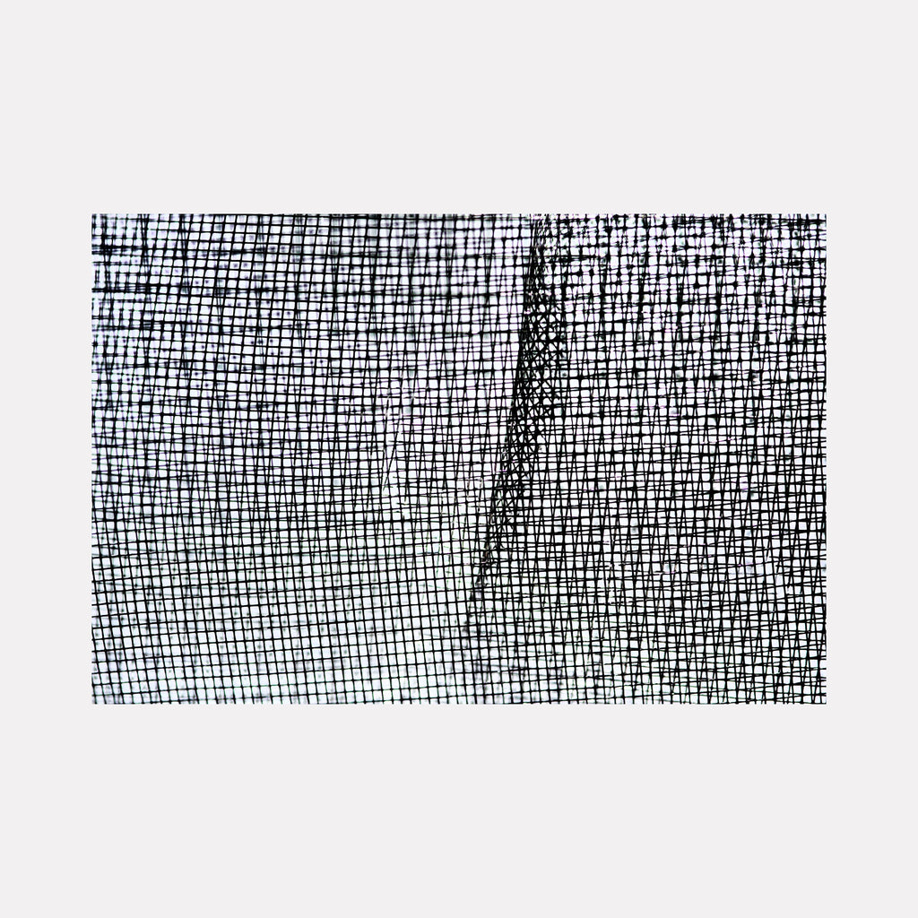 Wired by Steve Edson presents a delicate, intricate network of fine black lines crisscrossing against a light background, creating a subtle interplay of shadows and textures that evoke the tension and complexity of woven threads with a refined, minimalist aesthetic.