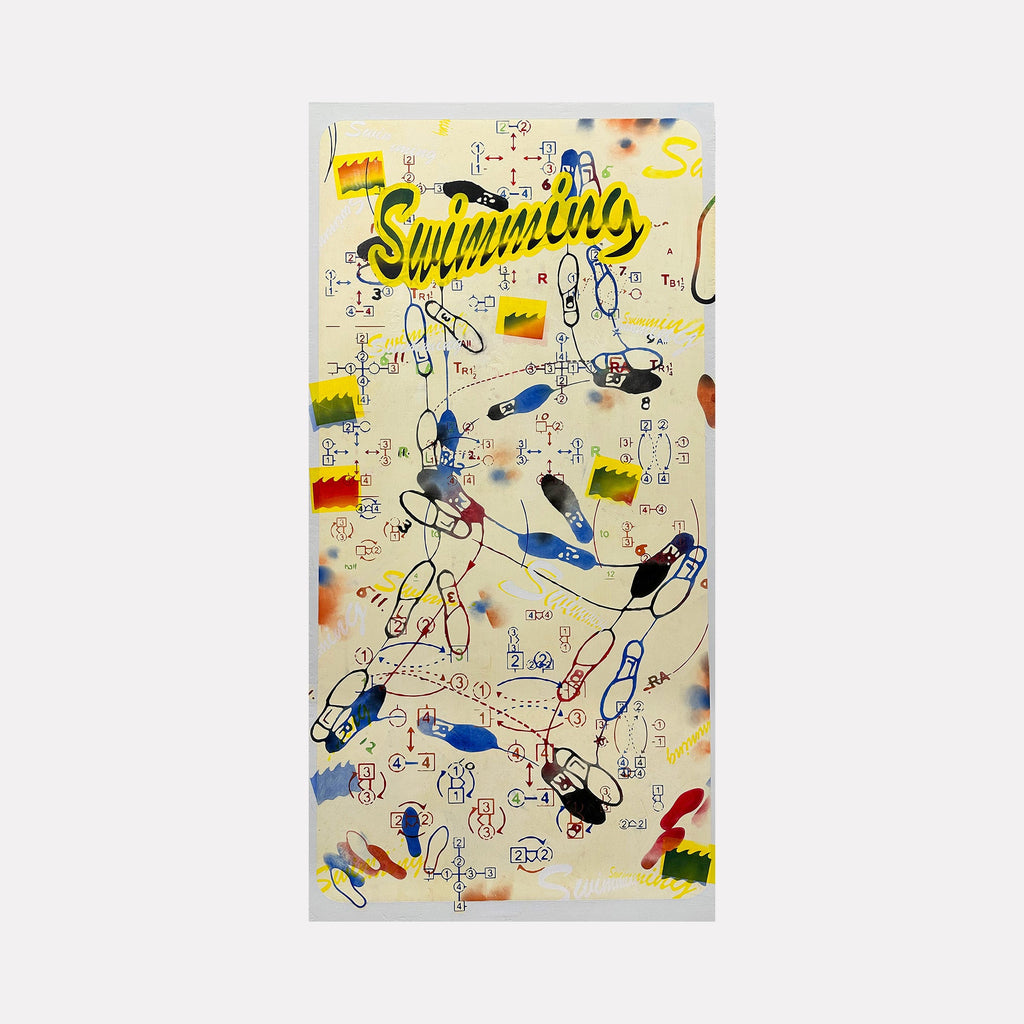 The artwork 'Wish you were here!' features a playful composition of scattered bowling pins and shoes in blue and black against a cream background, with splashes of yellow and red accents. Numbers and mathematical equations create an abstract connect-the-dots pattern throughout the canvas. Created with pastel and acrylic by Evan Peltzman.