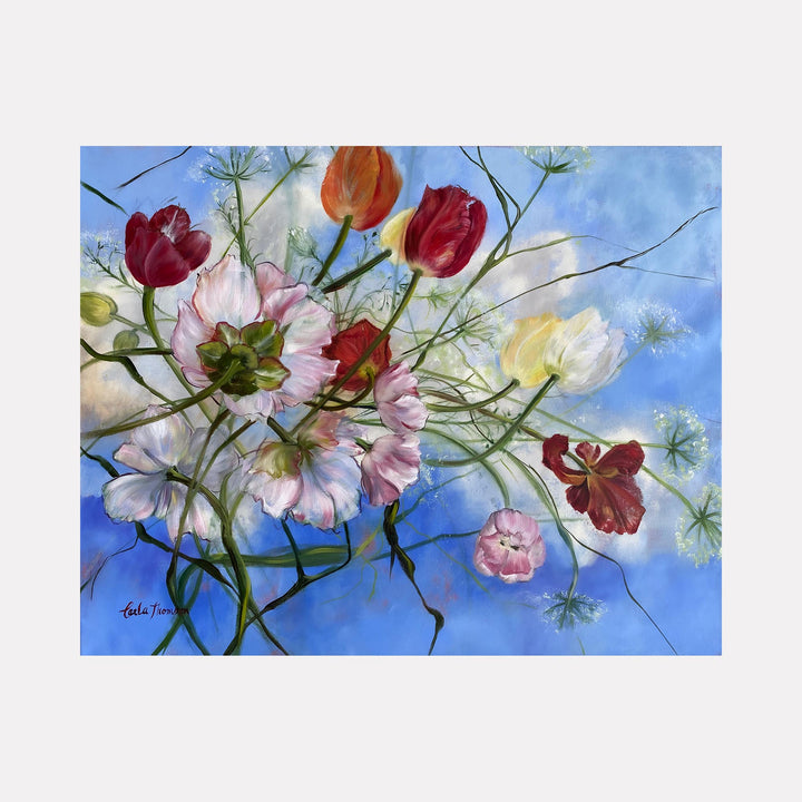 The artwork "Wishful Thinking" by Carla Thomson depicts a delicate arrangement of tulips and other flowers with curving green stems set against a vivid blue sky. The painting evokes the fluid detail and natural elegance reminiscent of Georgia O’Keeffe’s floral works, blending soft textures with vibrant hues in an impressionistic style.