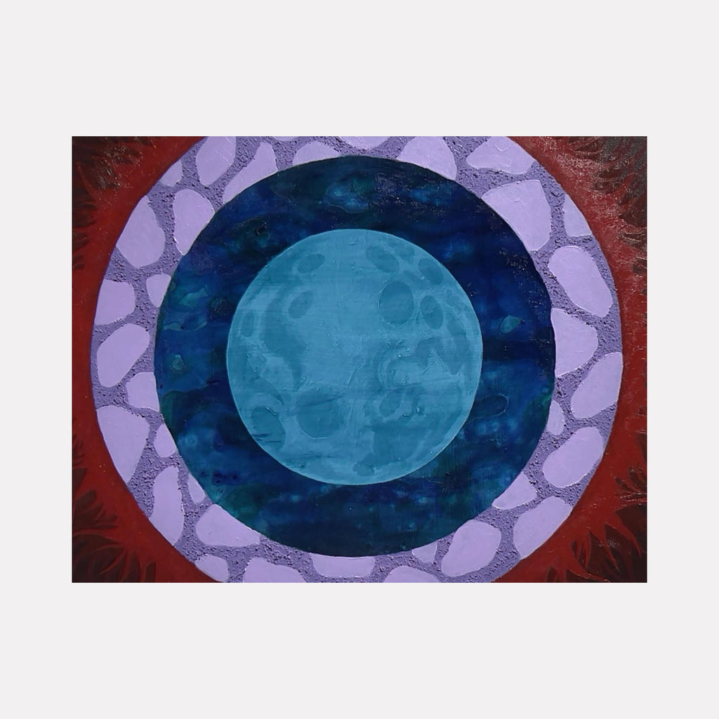 The artwork "Wishing Well II" features concentric circular shapes with a textured blue moon-like sphere at the center, surrounded by a deep navy blue ring, a lavender ring with organic stone-like patterns, and a rich maroon outer ring with subtle leaf impressions. The piece showcases vibrant colors and layered textures by Tyler Sorgman.