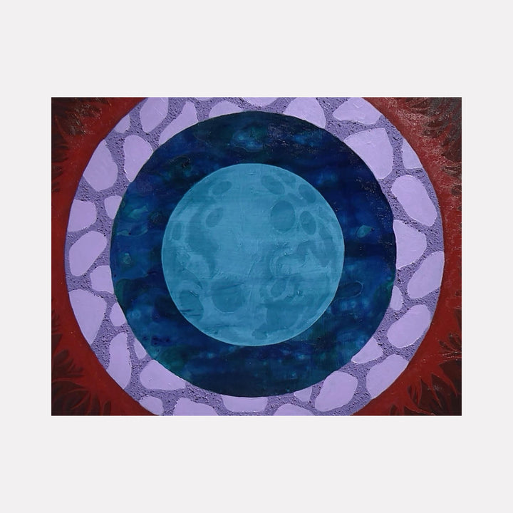 The artwork "Wishing Well II" features concentric circular shapes with a textured blue moon-like sphere at the center, surrounded by a deep navy blue ring, a lavender ring with organic stone-like patterns, and a rich maroon outer ring with subtle leaf impressions. The piece showcases vibrant colors and layered textures by Tyler Sorgman.