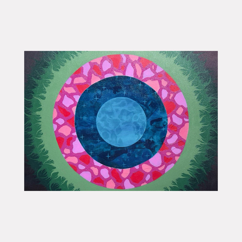 The artwork "Wishing Well I" features concentric circular shapes with a textured appearance, blending vibrant shades of blue at the center surrounded by a pink and red patterned ring, all set against a green background with leafy or flame-like accents. The style suggests abstract and organic forms. By Tyler Sorgman.