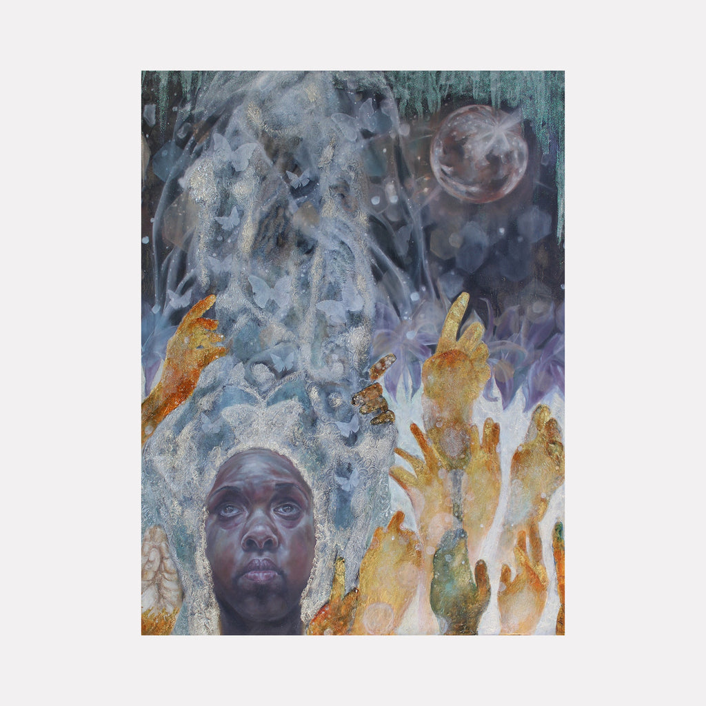 The artwork 'Wool-The Heaven Will Serve As Signs' depicts a person's face emerging from a mystical backdrop of swirling golden flames and ethereal blue mists. A luminous full moon glows in a dark celestial sky, surrounded by textured brushstrokes in deep teals and purples. Mixed media techniques create dynamic movement and spiritual atmosphere. By Crystal Marshall.