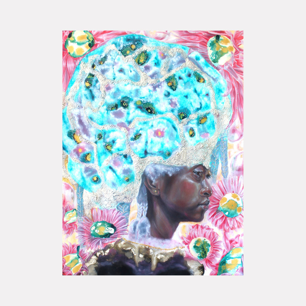 The artwork 'Wool V - Observer' features a profile view surrounded by vibrant turquoise and silver swirls creating a dream-like ethereal crown effect. Pink daisy-like flowers with emerald centers frame the composition, while watercolor techniques blend seamlessly with mixed media elements. The piece combines surreal and contemporary artistic styles. Original artwork by Crystal Marshall