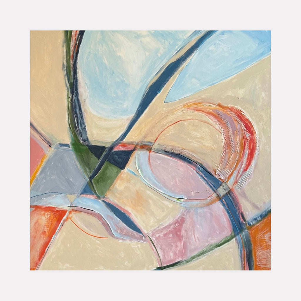 The artwork "X" by Beth Barry features an abstract composition of curved and angular shapes in muted tones of blue, beige, pink, orange, green, and gray. The acrylic on canvas texture emphasizes layered brushstrokes and fluid lines, creating a dynamic yet harmonious balance in the 36 by 36-inch piece. Beth Barry.