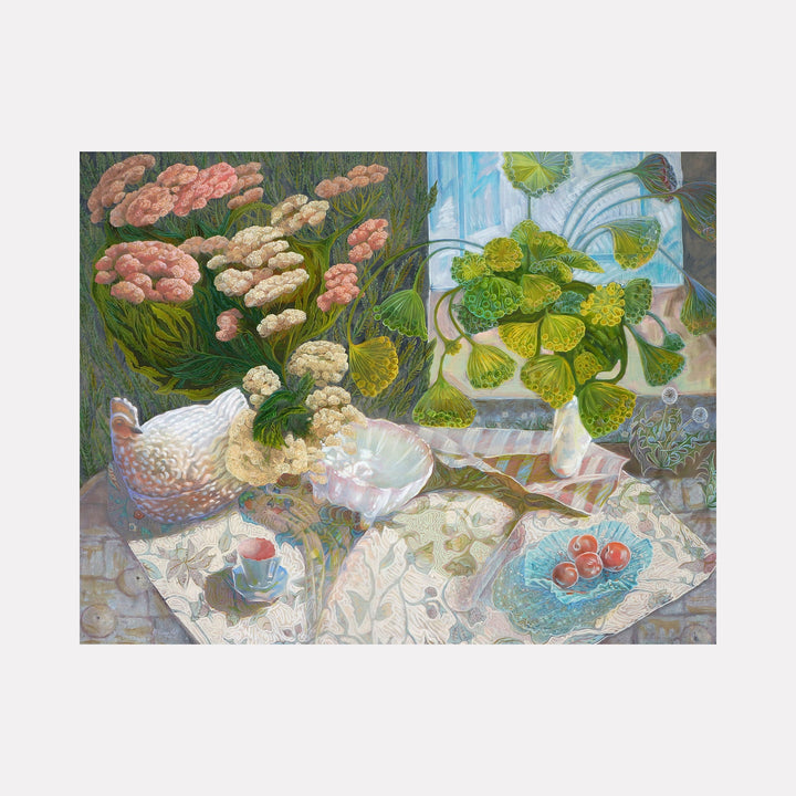 The artwork "Yarrow and Hen" by Gina Blickenstaff in gallery position 1 depicts a serene still life with pink and yellow yarrow blossoms arranged alongside a hen figurine on an intricately patterned tablecloth. Soft blue and green hues, detailed textures, and layered brushwork recall the naturalistic detail of John Singer Sargent and the subtle tonal harmony of Mary Cassatt.
