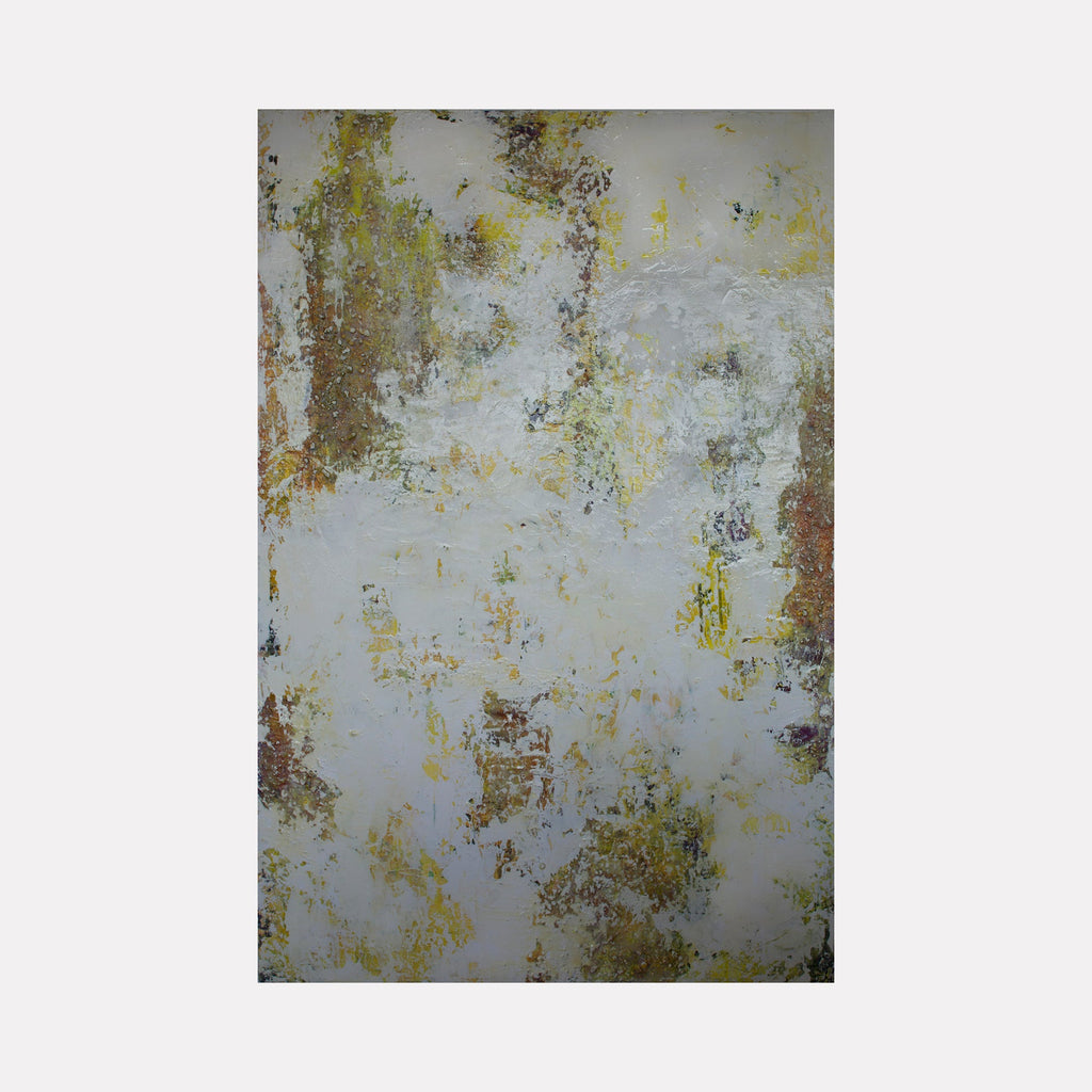 The artwork "Yellow" by Deborah Chaney features an abstract composition with textured layers of white, muted yellow, and earthy brown tones. The style evokes the atmospheric abstraction of Gerhard Richter and the textured surfaces reminiscent of Anselm Kiefer, combining rough textures and subtle color variations to create a contemplative and organic visual experience.