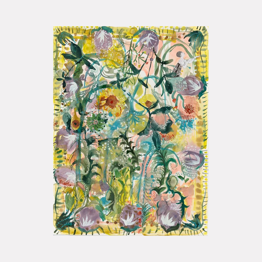 The artwork "Yellow Spring" by Lisa Warren features a vibrant, abstract floral composition with intertwining organic shapes and soft brushstrokes. Dominated by yellows, greens, pinks, and purples, the piece has a watercolor texture and evokes the style of Henri Matisse’s cut-outs and Georgia O’Keeffe’s botanical forms, creating a lively and dynamic springtime scene.