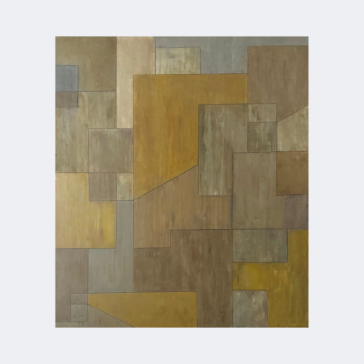The artwork "Yellowstone" by Stephen Cimini features a minimalist composition of interlocking geometric shapes in muted earth tones including ochre, taupe, and gray. The textured surfaces and subtle shading evoke a modernist style reminiscent of Josef Albers’ color studies and Piet Mondrian’s abstract grids, creating a harmonious balance of form and color.