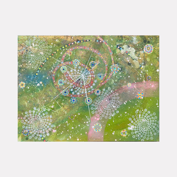 The artwork "You Are Here" features a vibrant abstract composition with swirling patterns, circular motifs, and delicate dot clusters in shades of green, pink, yellow, and blue. The intricate, layered textures evoke a cosmic or microscopic landscape. This detailed piece is by Amy Cheng.
