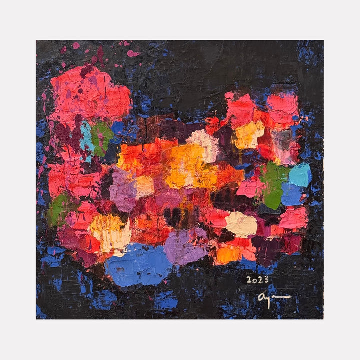 The artwork "You Never Know Until You Try" features an abstract composition with vibrant patches of red, orange, purple, green, blue, and yellow textured on a dark, almost black background. The thick, layered paint creates a dynamic and tactile surface. Created in 2023 by Ayane Kurai.