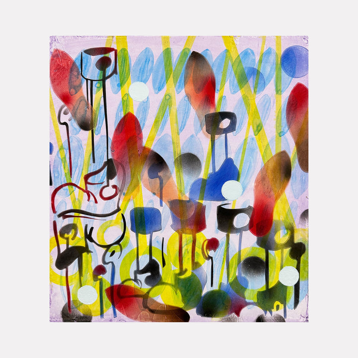 The artwork 'You've been selected for the experiment' features abstract organic shapes and lines in vibrant colors. Black linear forms suggest stems or laboratory equipment against a dynamic background of red, blue, and yellow splashes. The pastel and acrylic composition creates a playful yet scientific atmosphere on canvas-wrapped wood panel. By Evan Peltzman.