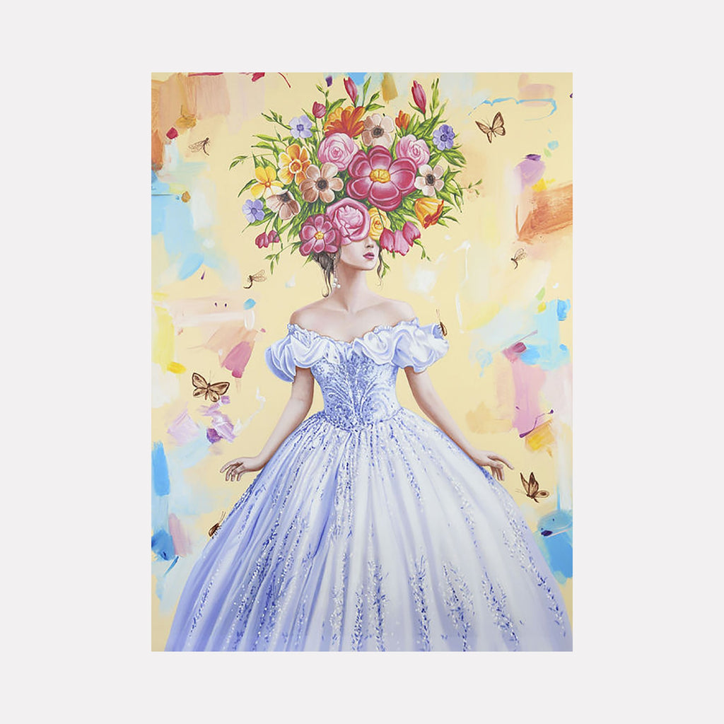The artwork "Young Woman Among the Flowers II" features a graceful woman in an elegant, detailed white and lavender gown with off-the-shoulder sleeves, adorned with intricate patterns. Her head is crowned with a vibrant bouquet of various flowers in pink, orange, yellow, and purple hues, set against a soft pastel background with butterflies. By Carlos Gamez de Francisco.