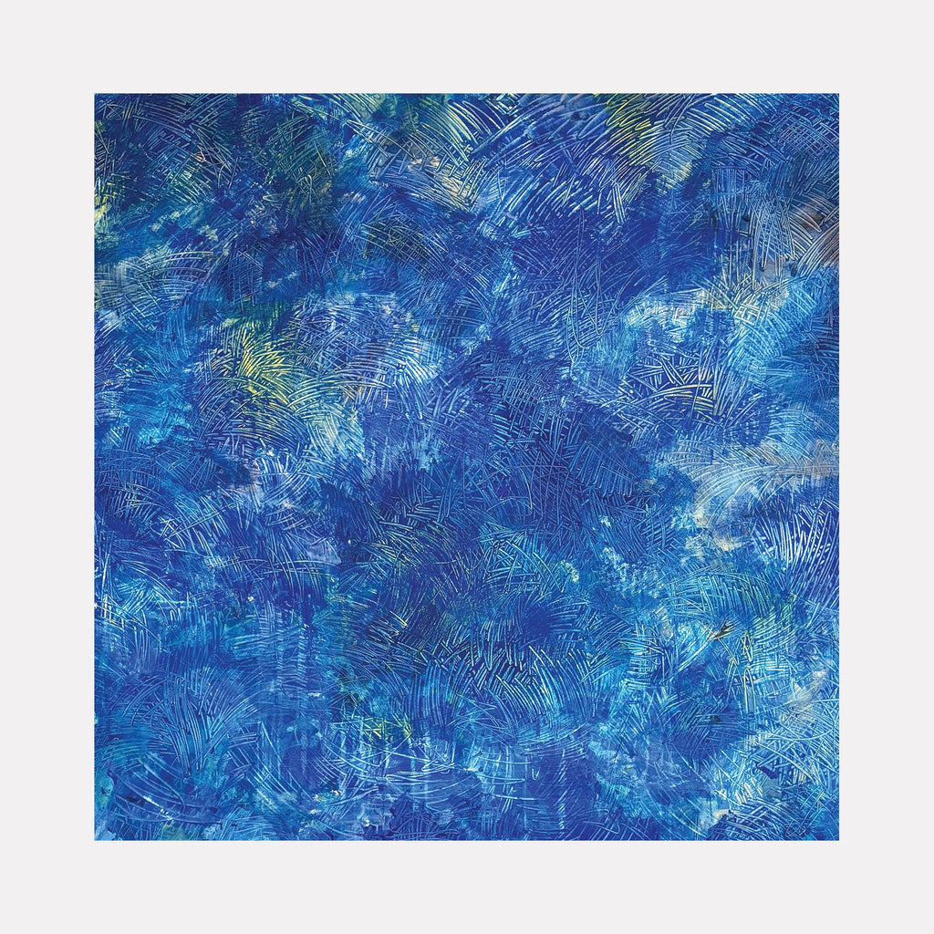 The artwork "Zen Caos 1" by Albion Vu features a textured abstract composition with layered brushstrokes in varying shades of blue and hints of green and yellow, creating a dynamic yet calming visual effect. Painted with acrylics over a 72 by 72-inch canvas, it emphasizes rich textures and depth. Albion Vu.