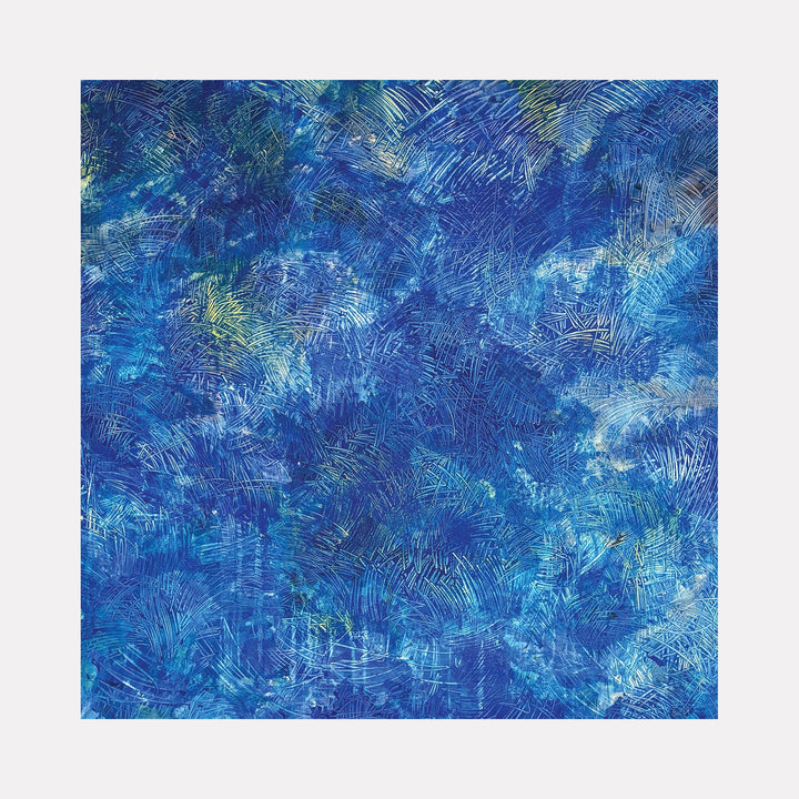 The artwork "Zen Caos 1" by Albion Vu features a textured abstract composition with layered brushstrokes in varying shades of blue and hints of green and yellow, creating a dynamic yet calming visual effect. Painted with acrylics over a 72 by 72-inch canvas, it emphasizes rich textures and depth. Albion Vu.