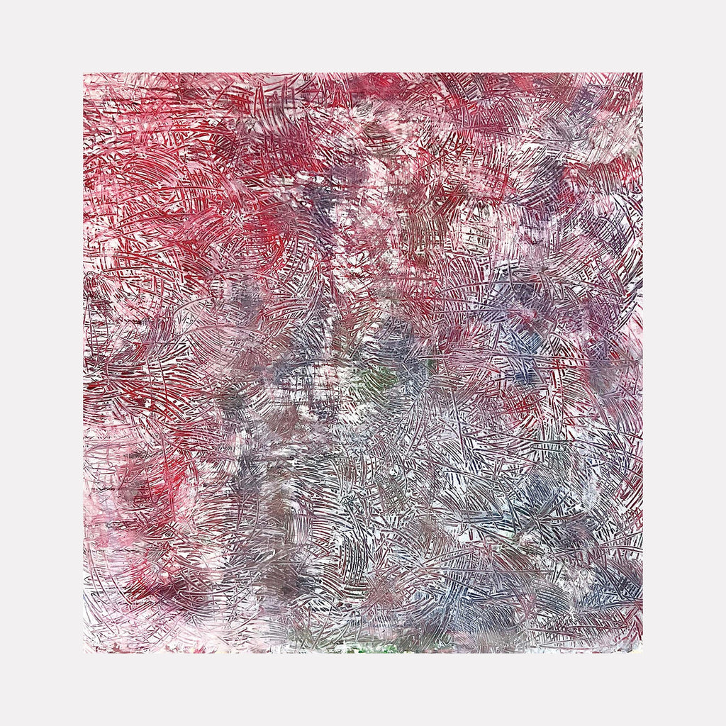The artwork "Zen Caos 2" features an intricate abstract composition with overlapping textured strokes and patterns in shades of red, gray, and hints of blue and green. The layered brushwork creates a dynamic and chaotic yet harmonious visual effect. The piece by Albion Vu showcases complex, organic shapes and fine details.