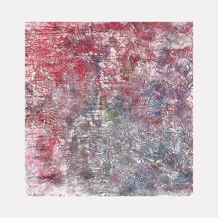 The artwork "Zen Caos 2" features an intricate abstract composition with overlapping textured strokes and patterns in shades of red, gray, and hints of blue and green. The layered brushwork creates a dynamic and chaotic yet harmonious visual effect. The piece by Albion Vu showcases complex, organic shapes and fine details.