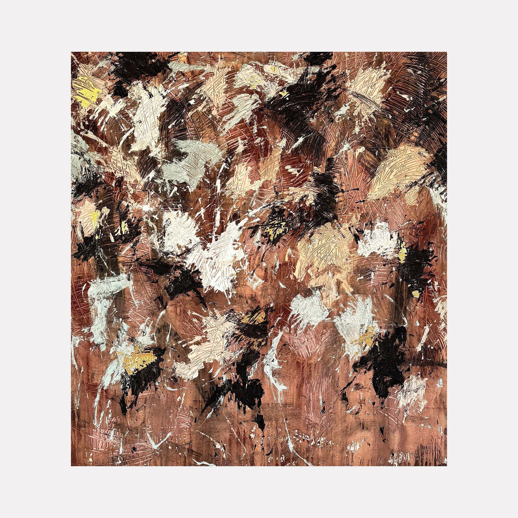 The artwork "Zen Caos 4" features an abstract composition with textured acrylic strokes over canvas, enhanced by shimmering gold leaf details that create depth and movement. Warm earth tones of brown, beige, black, and white blend in dynamic, chaotic patterns. By Albion Vu.
