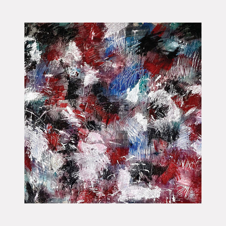 The artwork "Zen Caos 8" features a dynamic abstract composition of bold red, white, black, and blue brushstrokes layered with textured crosshatch patterns and rough, expressive marks. The interplay of vibrant and muted tones creates a chaotic yet harmonious effect. By Albion Vu.