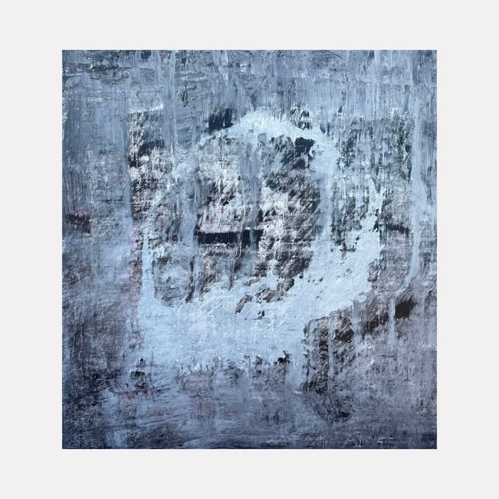 The artwork "#103" by Nathan Aufrichtig features an abstract landscape with layered textures in cold blue and gray tones, accented by a central irregular white shape. The rough, textured brushstrokes create a weathered, atmospheric effect, evoking the moody abstraction found in works by Mark Rothko and Anselm Kiefer.
