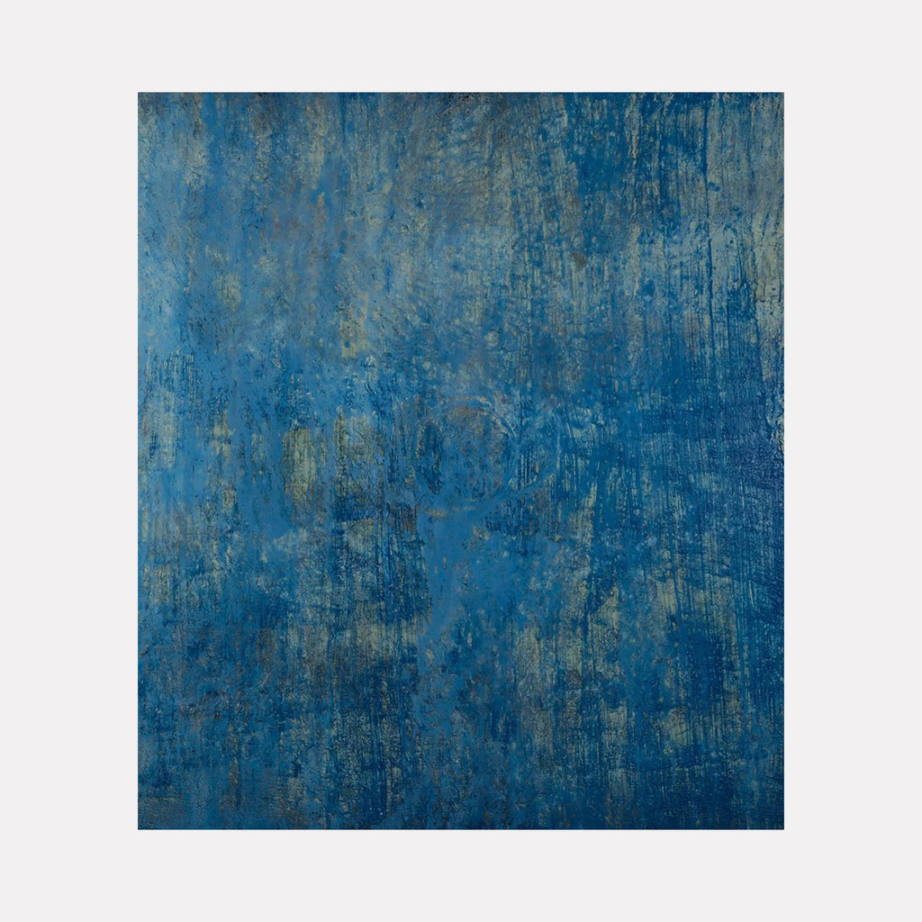 The artwork "#109" by Nathan Aufrichtig features a large abstract composition dominated by textured layers of deep blues and muted grays. Vertical streaks and subtle color variations create a cool, atmospheric depth reminiscent of Mark Rothko’s color fields and the textured surfaces found in works by Gerhard Richter.