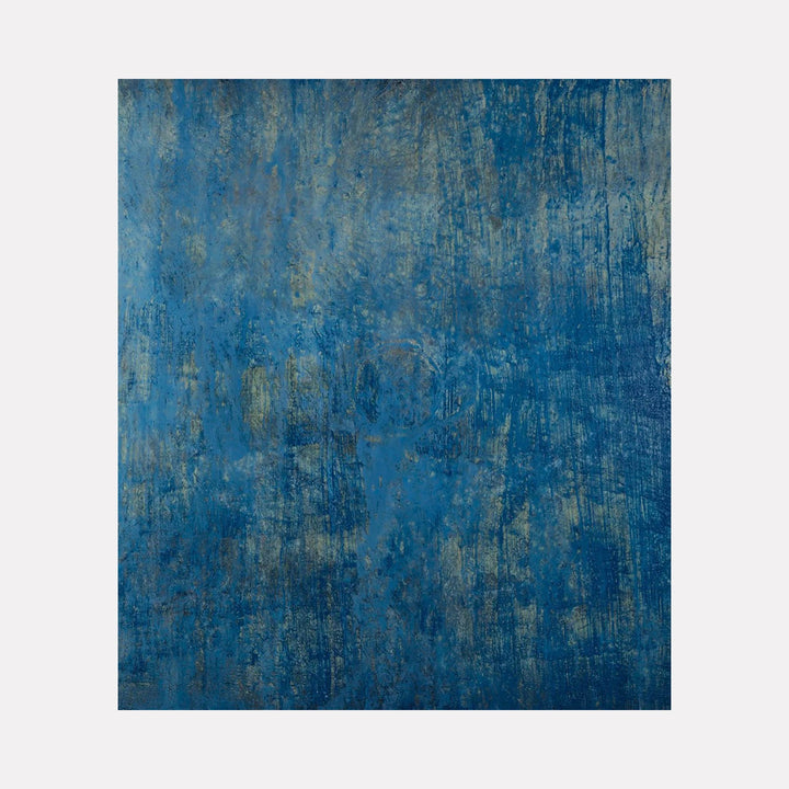 The artwork "#109" by Nathan Aufrichtig features a large abstract composition dominated by textured layers of deep blues and muted grays. Vertical streaks and subtle color variations create a cool, atmospheric depth reminiscent of Mark Rothko’s color fields and the textured surfaces found in works by Gerhard Richter.