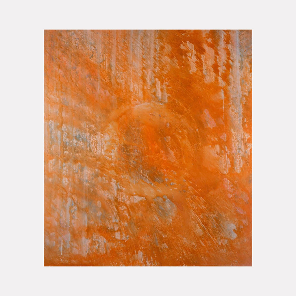 The artwork "#111" by Nathan Aufrichtig features an abstract composition dominated by rich orange hues with textured layers of soft gray and subtle white highlights. The dynamic brushstrokes and atmospheric depth evoke a sense of radiant energy, reminiscent of the color field abstractions by Mark Rothko and the textured surfaces of Gerhard Richter.