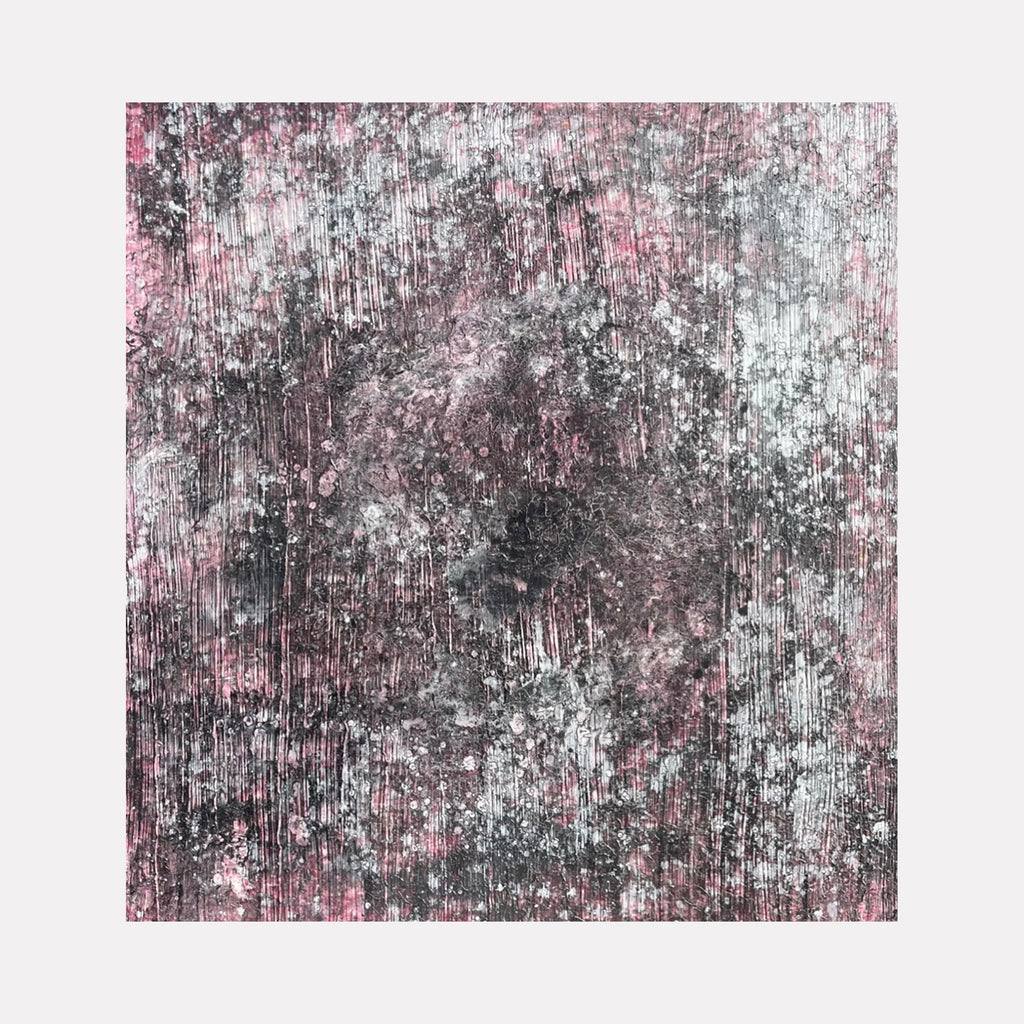The artwork "#115" by Nathan Aufrichtig features an abstract, textured composition dominated by layered shades of muted pink, gray, and black. Vertical striations and splattered patterns create a tactile, weathered surface that evokes an organic, atmospheric quality reminiscent of Mark Rothko’s moody color fields and the textured abstraction of Anselm Kiefer.