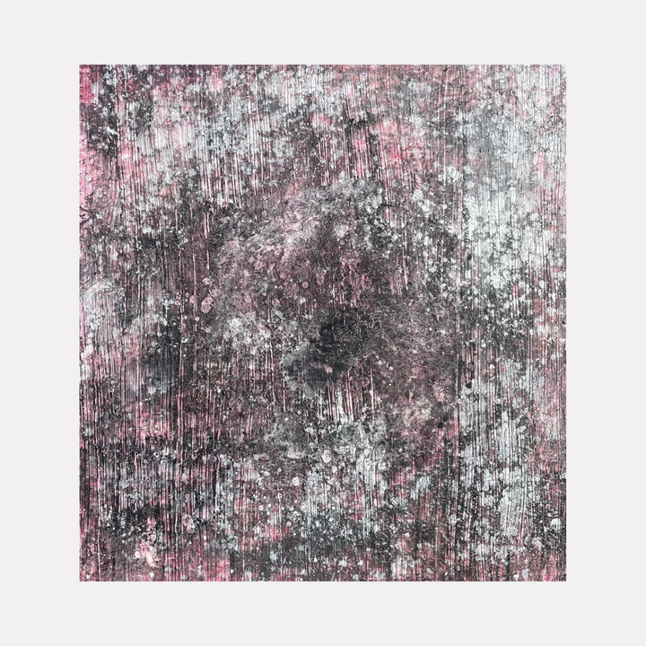 The artwork "#115" by Nathan Aufrichtig features an abstract, textured composition dominated by layered shades of muted pink, gray, and black. Vertical striations and splattered patterns create a tactile, weathered surface that evokes an organic, atmospheric quality reminiscent of Mark Rothko’s moody color fields and the textured abstraction of Anselm Kiefer.