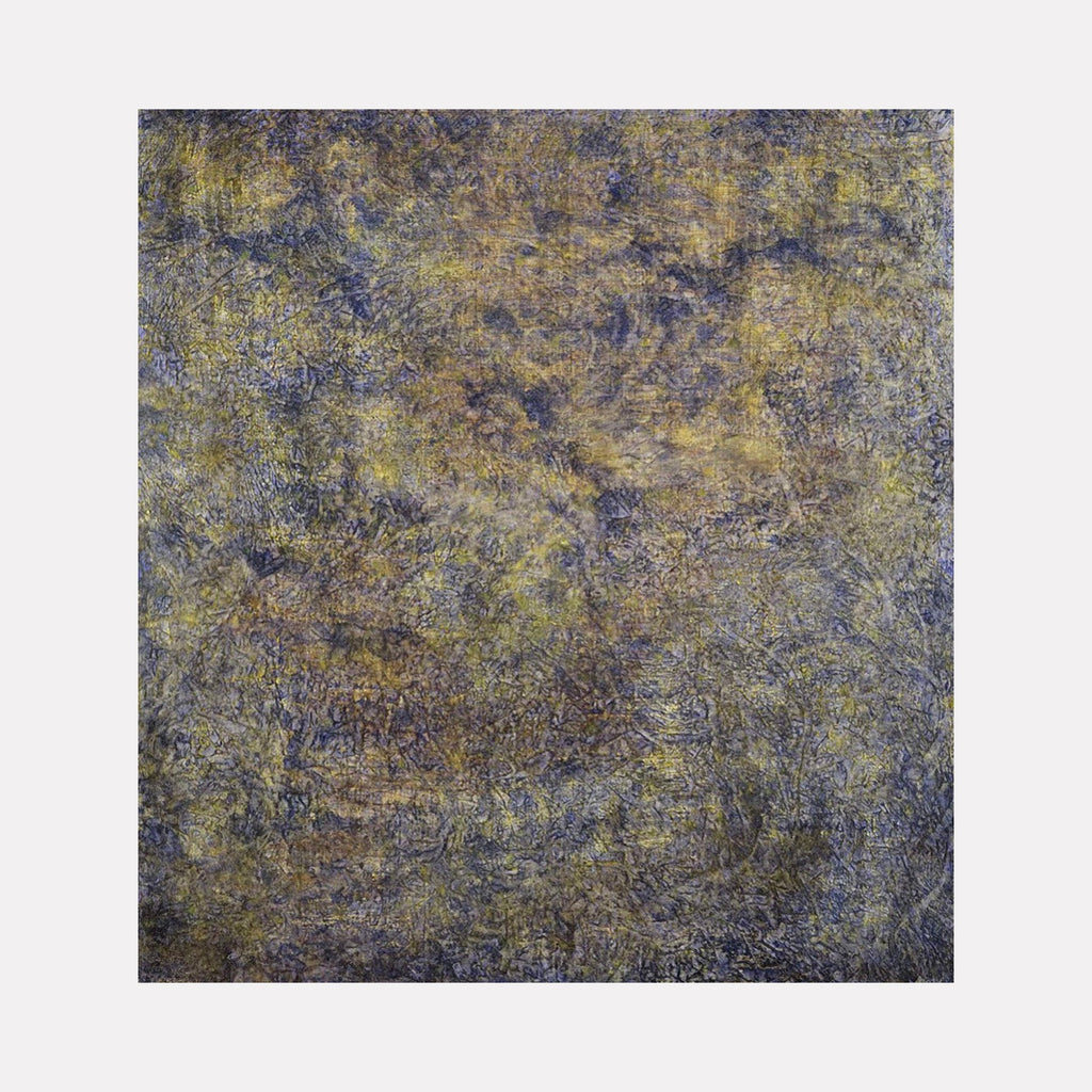 The artwork "#129" by Nathan Aufrichtig features a large abstract composition with layered textures in muted earth tones of gray, ochre, and blue. The intricate brushwork and subtle interplay of light create a contemplative surface, evoking the atmospheric abstractions of Mark Rothko and the textural depth reminiscent of Anselm Kiefer.