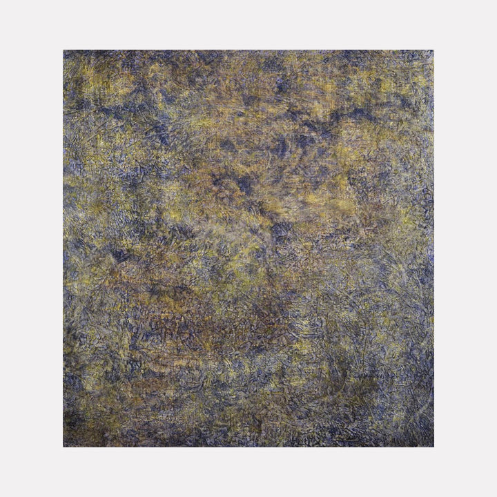 The artwork "#129" by Nathan Aufrichtig features a large abstract composition with layered textures in muted earth tones of gray, ochre, and blue. The intricate brushwork and subtle interplay of light create a contemplative surface, evoking the atmospheric abstractions of Mark Rothko and the textural depth reminiscent of Anselm Kiefer.