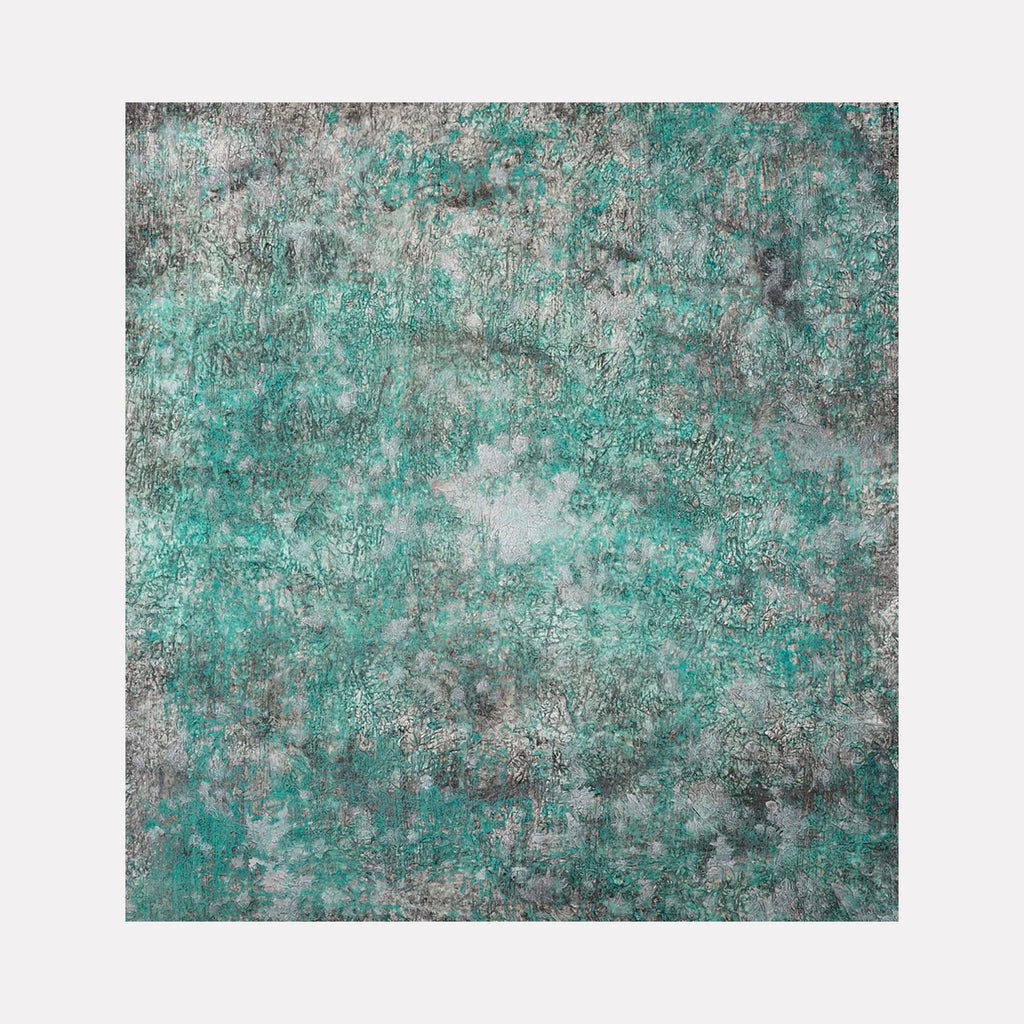 The artwork "#131" by Nathan Aufrichtig features an abstract composition dominated by textured layers of cool green and gray tones with subtle hints of white. The diffuse, organic patterns and weathered surface evoke a tranquil, natural atmosphere reminiscent of the atmospheric abstractions by Helen Frankenthaler and Mark Rothko.