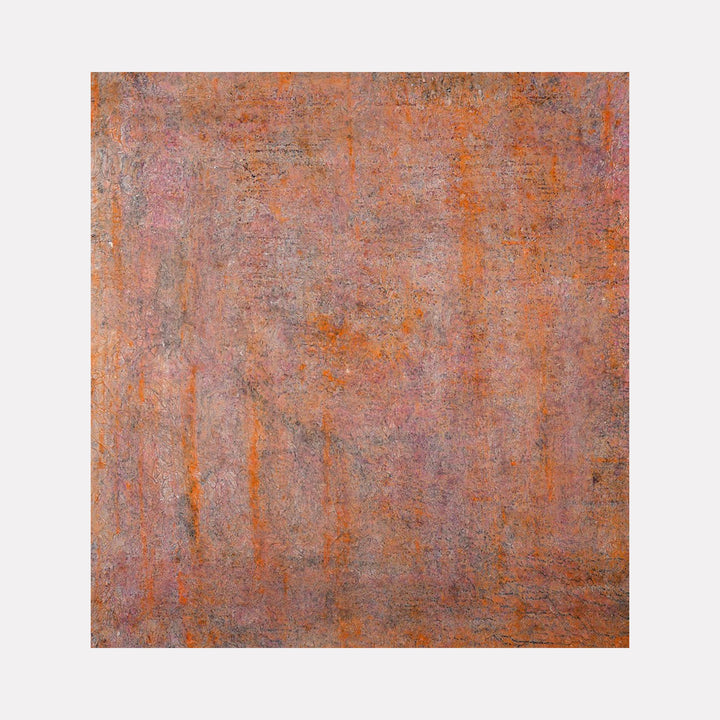 The artwork "#136" by Nathan Aufrichtig features an abstract composition dominated by warm orange and muted purple tones with textured, layered brushstrokes. The subtle interplay of colors and rough surface evokes a contemplative mood, reminiscent of Mark Rothko’s color fields and the atmospheric abstractions of Helen Frankenthaler.