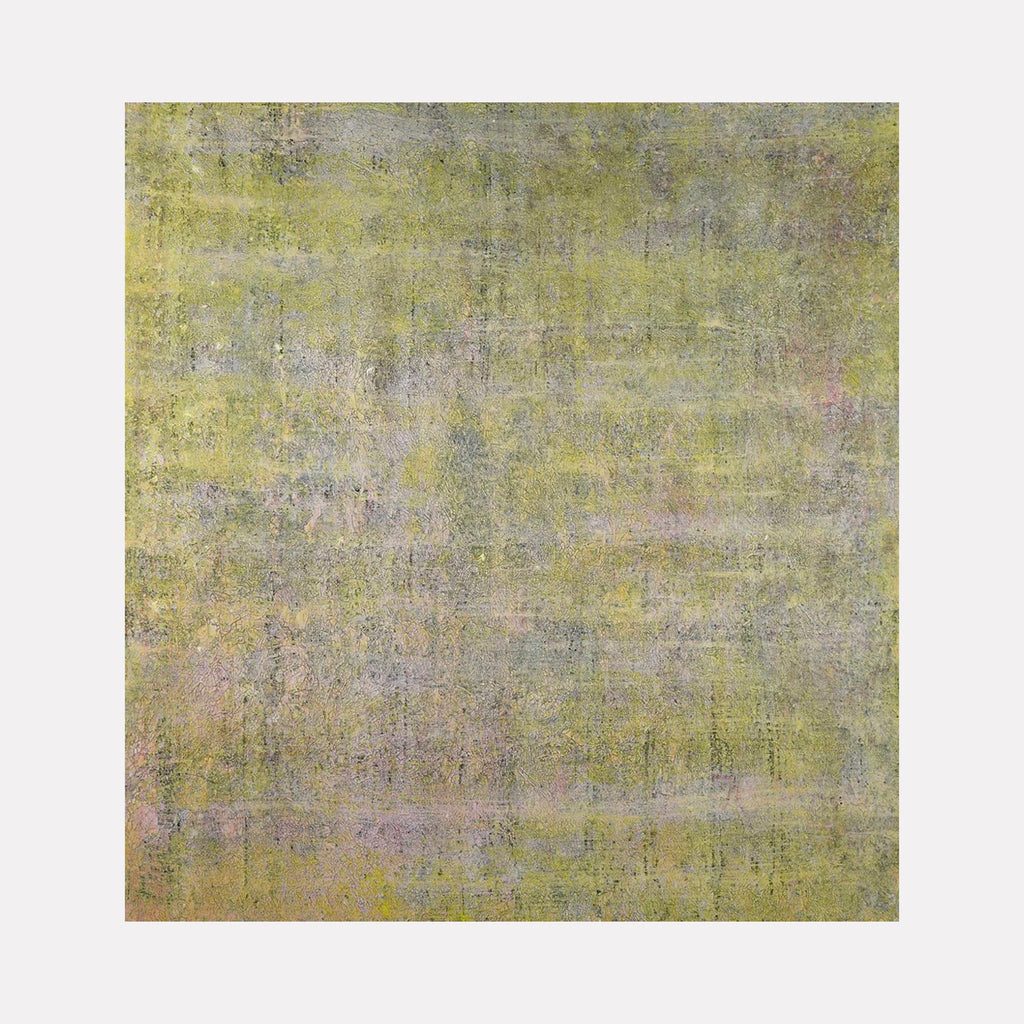 The artwork "#138" by Nathan Aufrichtig features a large abstract composition dominated by muted olive greens, soft purples, and subtle grays. The textured surface layers evoke a weathered, atmospheric quality with nuanced brushwork, reminiscent of the restrained abstraction and earthy palettes found in works by Mark Rothko and Helen Frankenthaler.