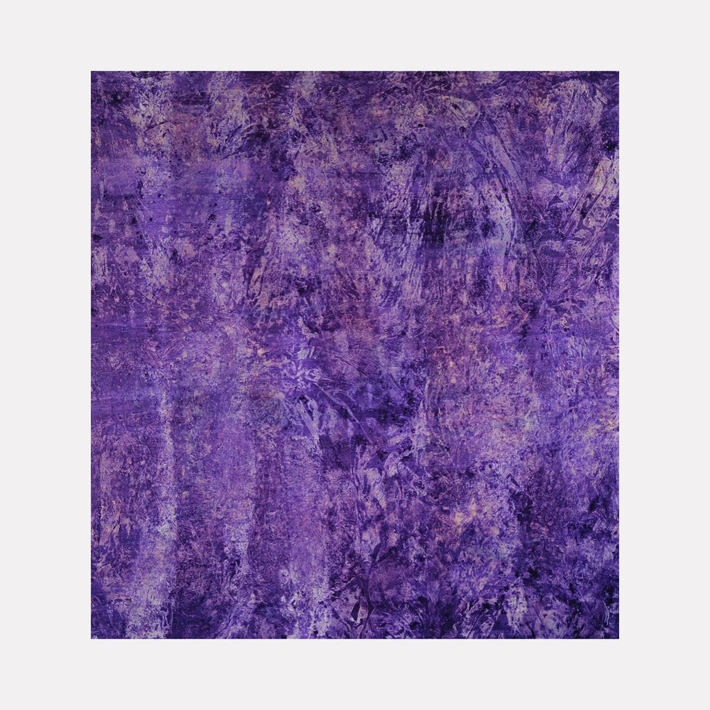 The artwork "#145" by Nathan Aufrichtig features an abstract composition dominated by rich, layered shades of violet and purple with textured brushstrokes and subtle floral impressions. The intricate layering and atmospheric depth evoke the expressive abstraction reminiscent of Mark Rothko and the textured surfaces of Anselm Kiefer.