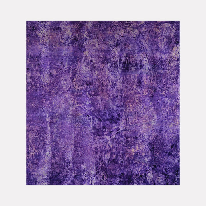 The artwork "#145" by Nathan Aufrichtig features an abstract composition dominated by rich, layered shades of violet and purple with textured brushstrokes and subtle floral impressions. The intricate layering and atmospheric depth evoke the expressive abstraction reminiscent of Mark Rothko and the textured surfaces of Anselm Kiefer.