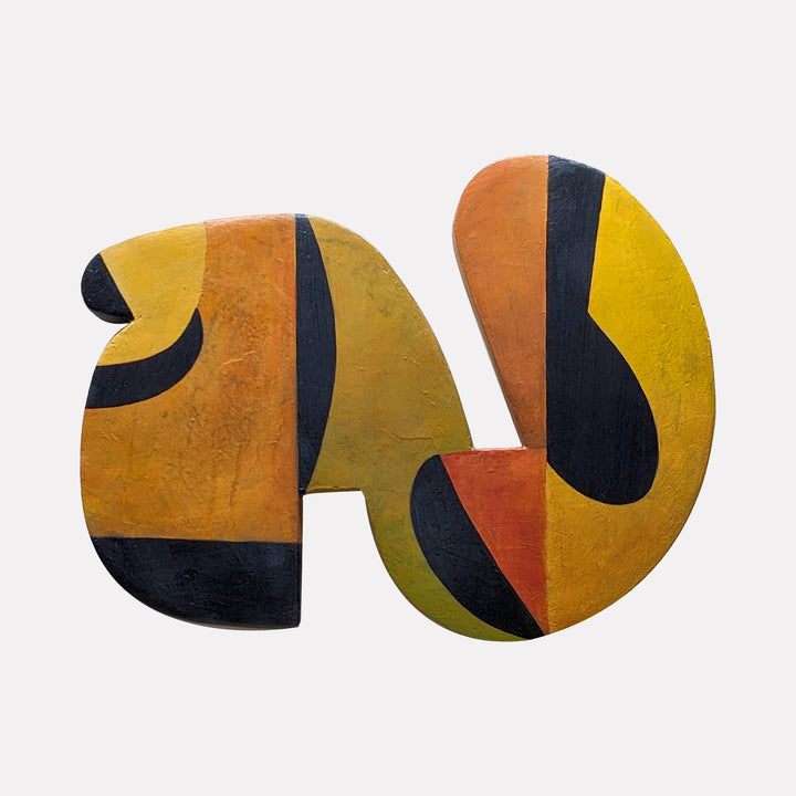 #14 by David Wellner features a bold abstract form with curved and angular shapes in warm tones of mustard yellow, burnt orange, olive green, and deep black. The textured surface and dynamic color blocking create a sculptural, modern composition that balances organic flow with geometric structure.
