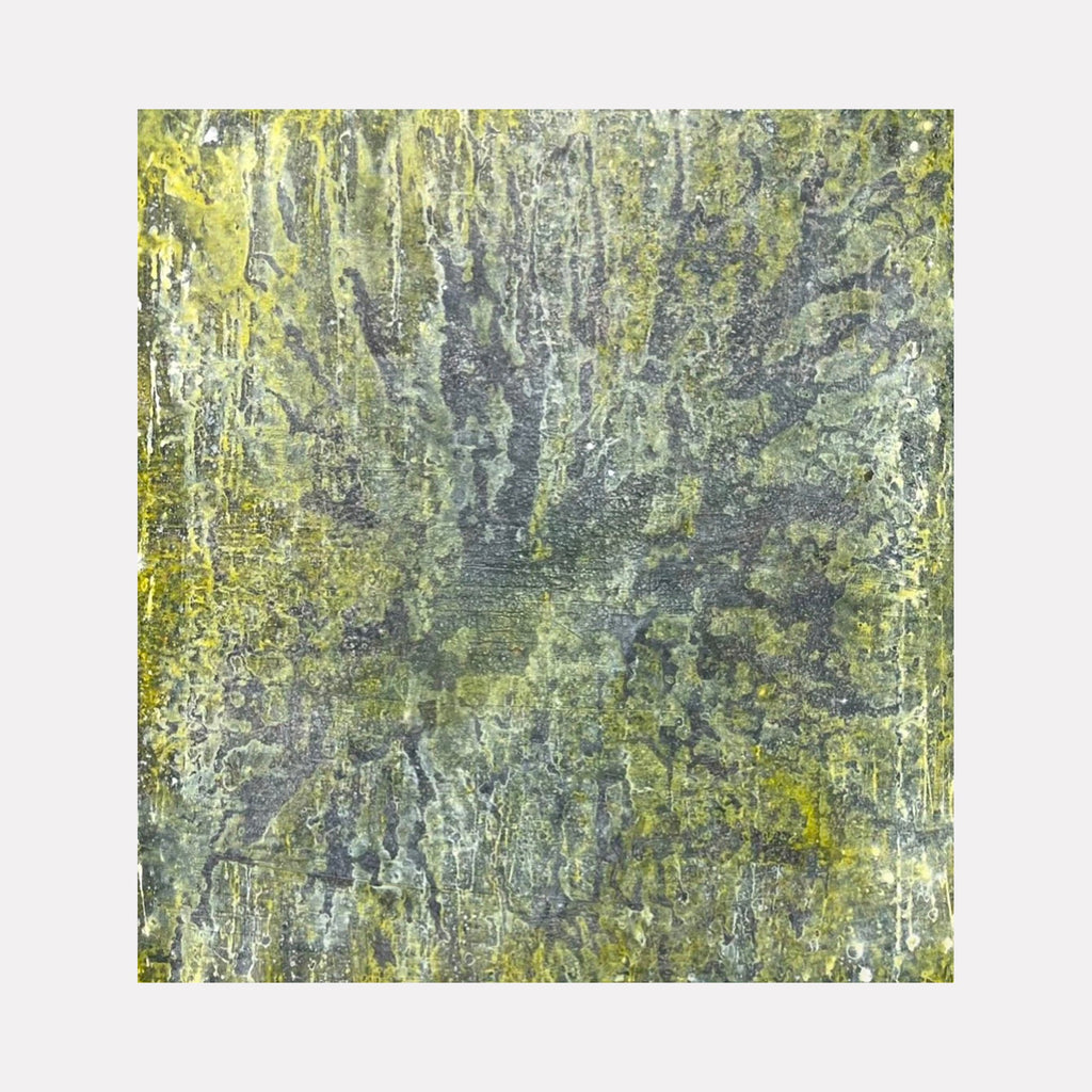 The artwork "#162" by Nathan Aufrichtig features an abstract composition with a textured interplay of muted greens, yellows, and grays. Organic, radiating forms suggest natural growth or mineral formations, with layered textures evoking depth and movement reminiscent of the atmospheric abstractions by Mark Rothko and the natural motifs found in Helen Frankenthaler's work.