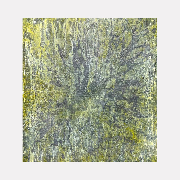 The artwork "#162" by Nathan Aufrichtig features an abstract composition with a textured interplay of muted greens, yellows, and grays. Organic, radiating forms suggest natural growth or mineral formations, with layered textures evoking depth and movement reminiscent of the atmospheric abstractions by Mark Rothko and the natural motifs found in Helen Frankenthaler's work.