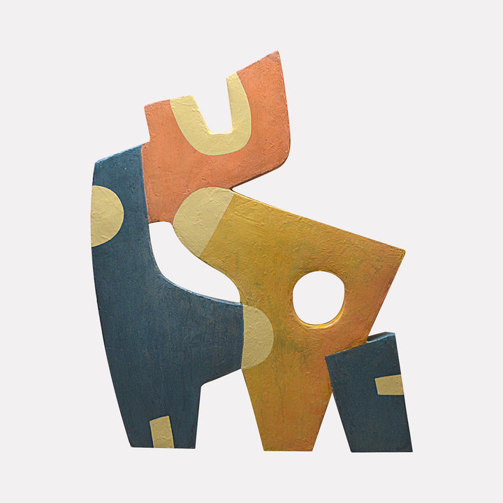 #16 by David Wellner displays an abstract geometric form with interlocking shapes in muted shades of blue, orange, beige, and ochre. The textured, layered surface and asymmetrical composition evoke a harmonious balance between organic curves and angular elements, embodying a modern and refined artistic vision.