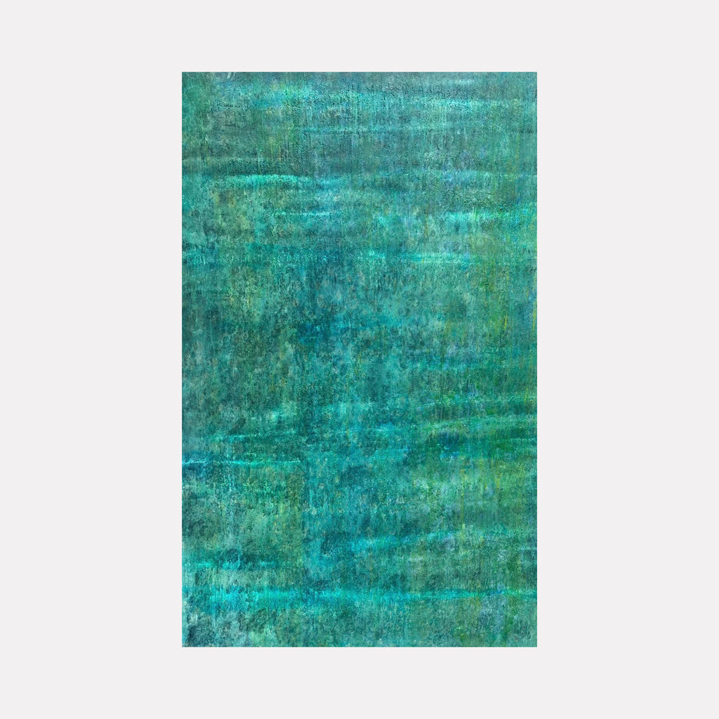 The artwork "#187" by Nathan Aufrichtig features a richly textured abstract composition in layered shades of deep green and cool turquoise. The subtle blending and varied brushstrokes evoke a tranquil, immersive atmosphere reminiscent of the color field abstractions by Mark Rothko and the meditative qualities found in Helen Frankenthaler’s work.
