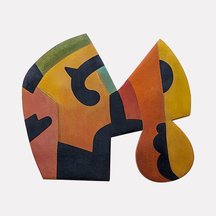 #18 by David Wellner features an abstract sculptural form with bold geometric shapes in rich shades of mustard yellow, burnt orange, olive green, and deep black. The textured surface combines curved and angular elements, creating a dynamic interplay of color and form with a modern, sophisticated aesthetic.