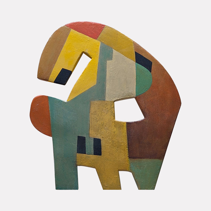 #1 by David Wellner presents an abstract geometric form with interlocking shapes in muted earth tones of mustard yellow, rust, teal, and beige. The composition features cutouts and layered textures, evoking a sculptural quality that balances organic curves with angular elements in a contemplative, modern style.