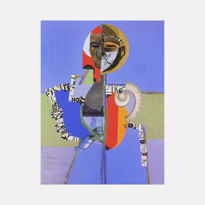Born Under a Blue Sky While the Black Bird Sang by Mona Dworkin features an abstract figure composed of vibrant geometric shapes, layered textures, and collage elements, blending blue, green, orange, and earth tones in a dynamic, contemplative modern art composition.