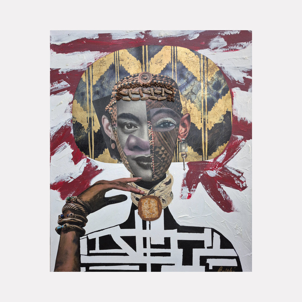 Deserving of Reverence by Mona Dworkin portrays a striking mixed-media figure with intricate facial patterns, textured collage, and geometric elements, set against a bold background of gold, black, and deep reds, blending cultural motifs with a modern artistic expression.
