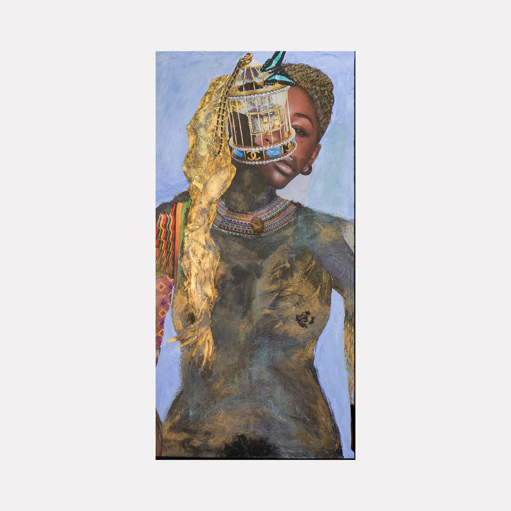 Free of the Gilded Cage by Mona Dworkin depicts a powerful mixed-media portrait of a woman with intricate textures and warm earth tones, featuring a golden birdcage and symbolic elements that explore themes of freedom and constraint in contemporary art.