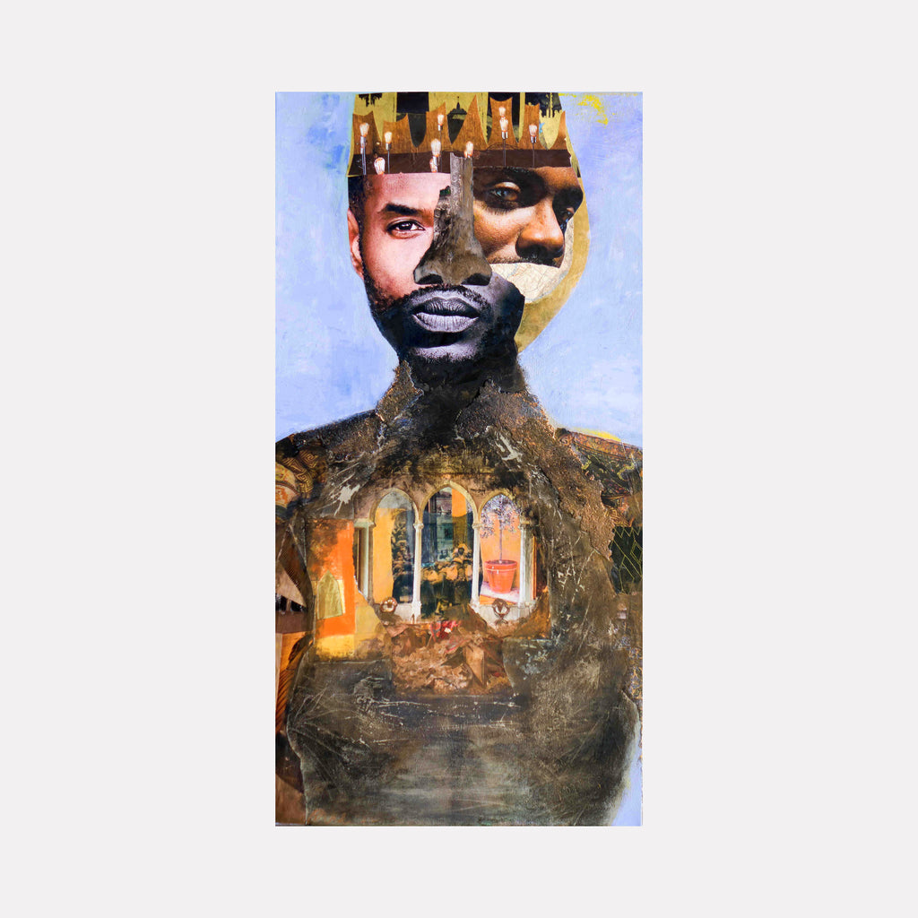 The Journey is Long and Hard by Mona Dworkin depicts a layered, abstract male portrait merging realistic and textured elements, blending warm earth tones and cool blues, with architectural and symbolic imagery integrated into the composition, creating a deeply reflective contemporary art piece.