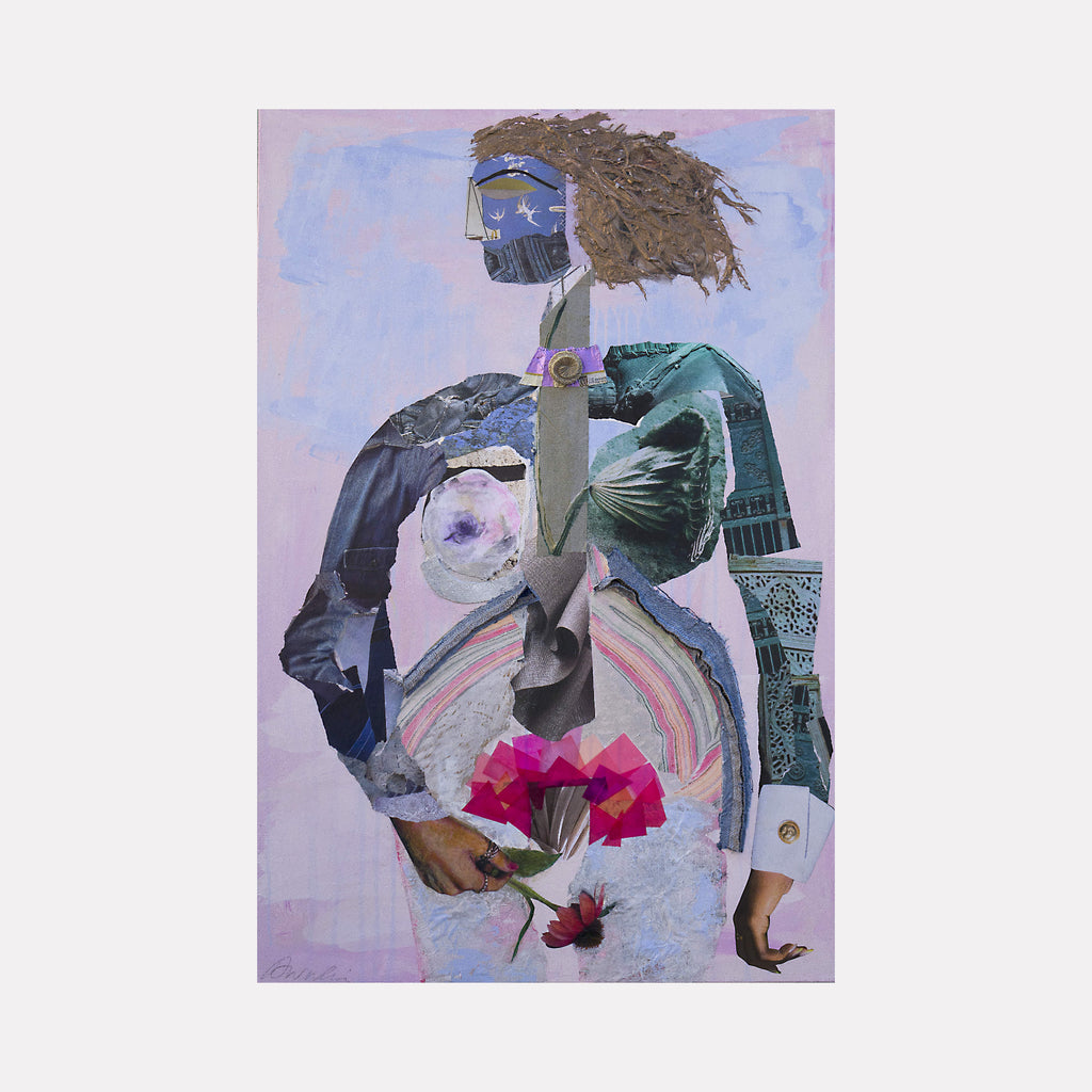 New Beginnings by Mona Dworkin portrays an abstract figure crafted from collage and mixed media, blending soft purples, blues, and greens with textured layers and geometric shapes, conveying a serene and contemplative mood in a sophisticated contemporary art style.