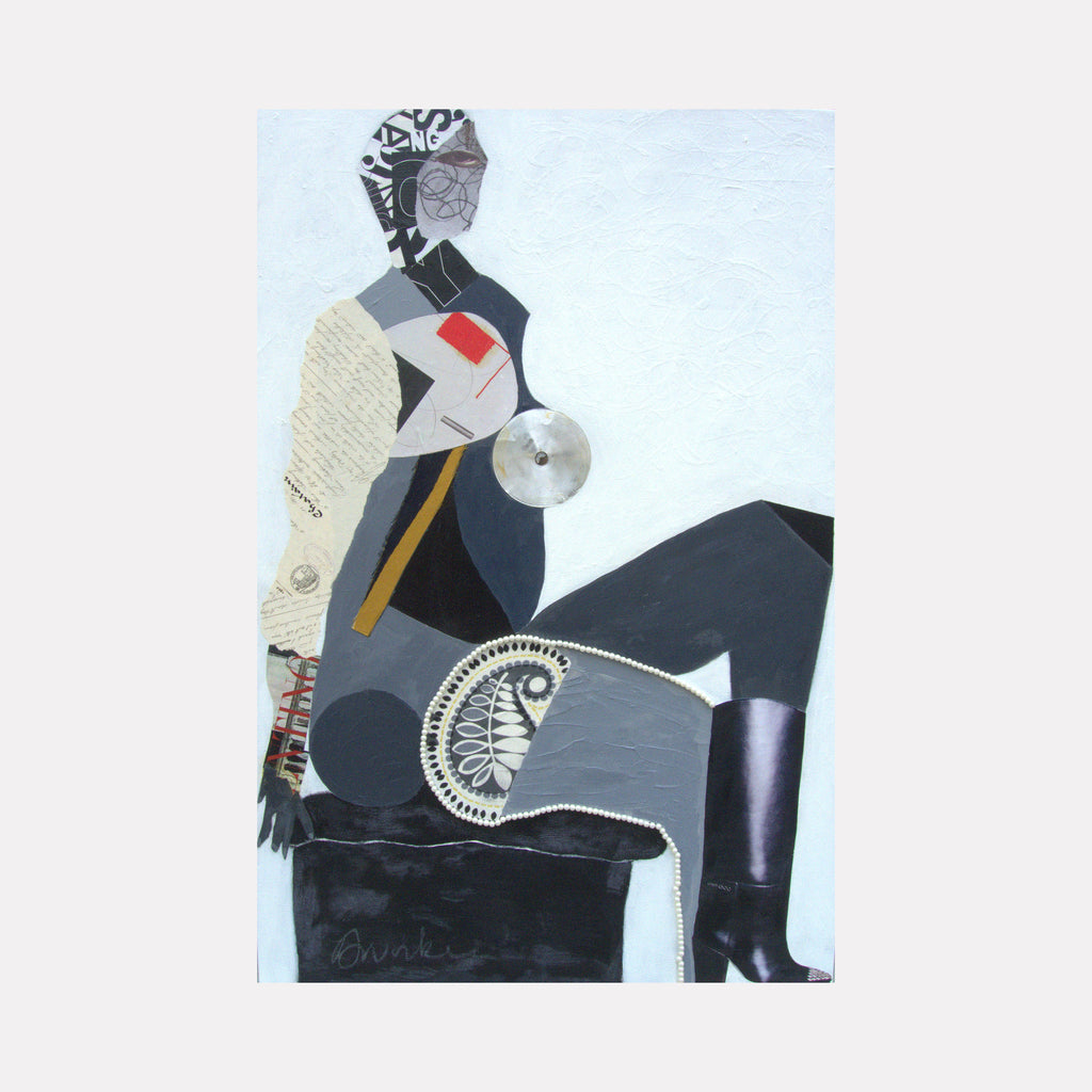 Honey, I See You Looking at Me by Mona Dworkin depicts a stylized seated figure in monochromatic tones with collage elements, geometric shapes, and textured patterns, featuring contrasting accents of red and metallic, creating a modern, contemplative art piece.